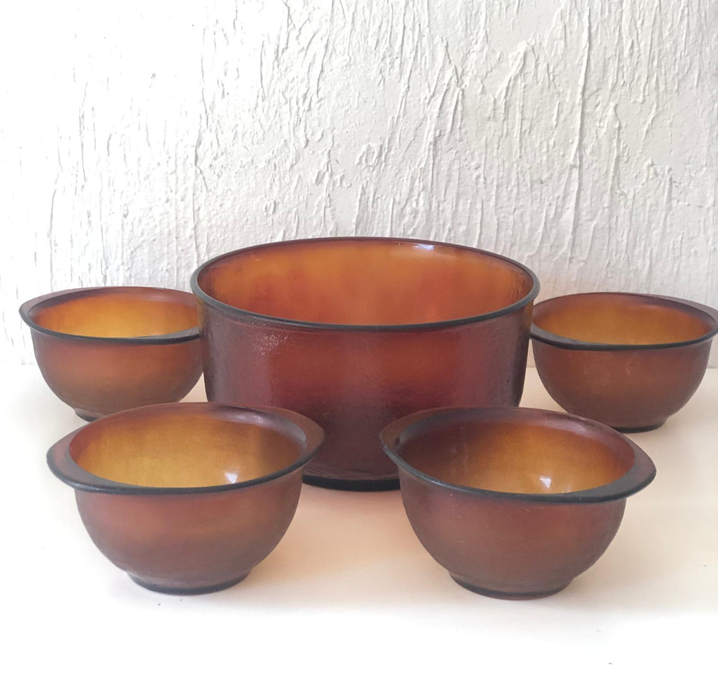 SALADIER et ses BOLS verre ambrés 70's