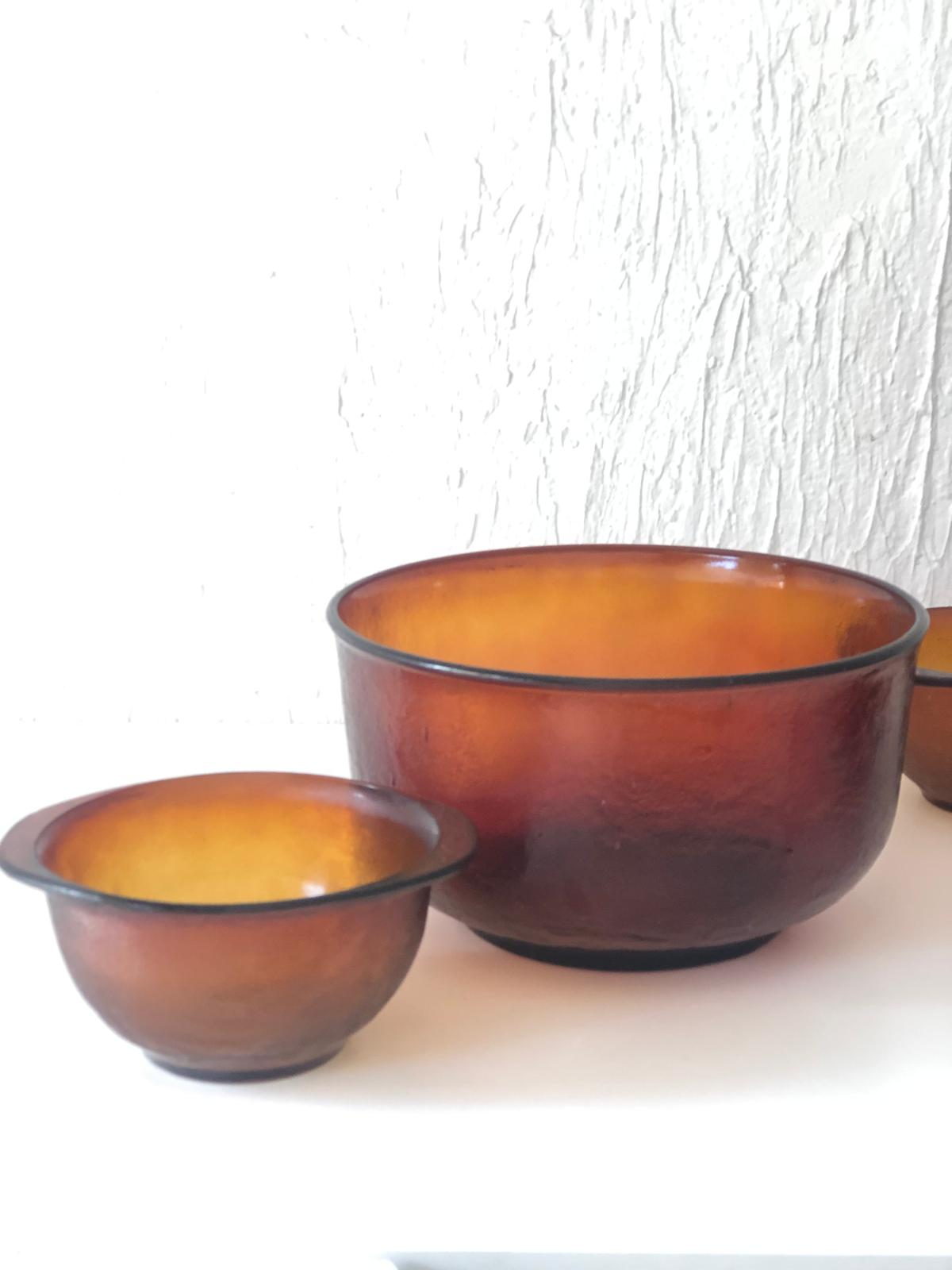 SALADIER et ses BOLS verre ambrés 70's