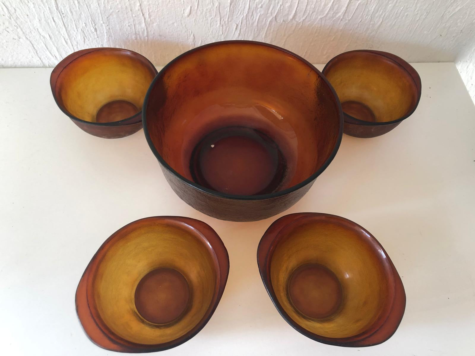 SALADIER et ses BOLS verre ambrés 70's