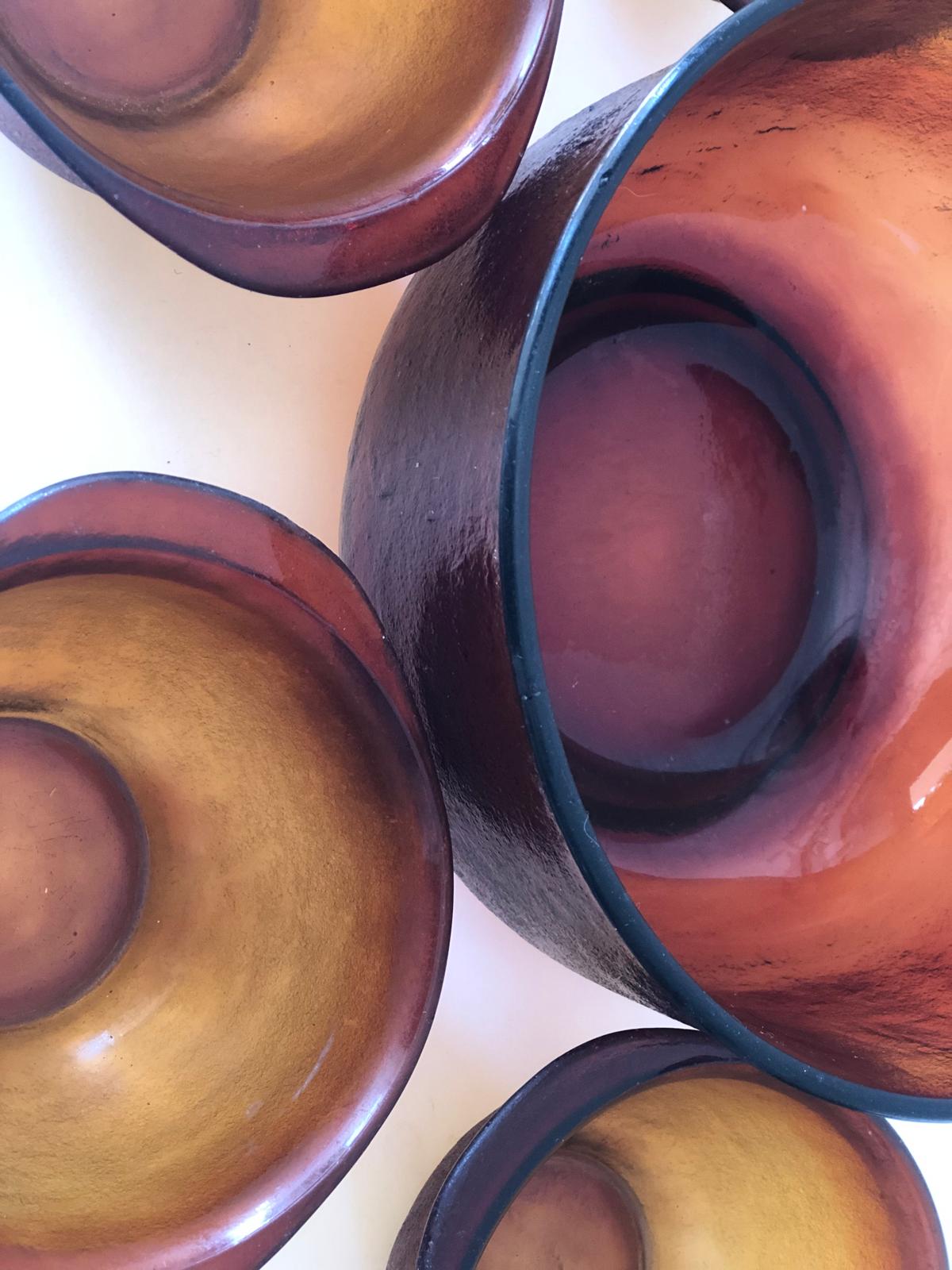 SALADIER et ses BOLS verre ambré 70's.