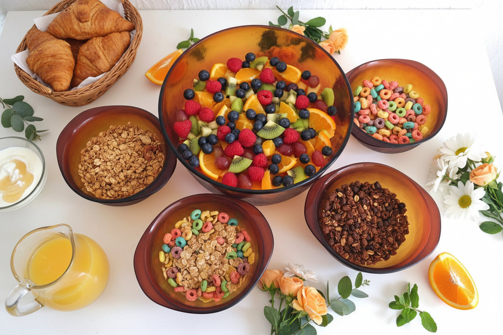 SALADIER et ses BOLS verre ambré 70's.