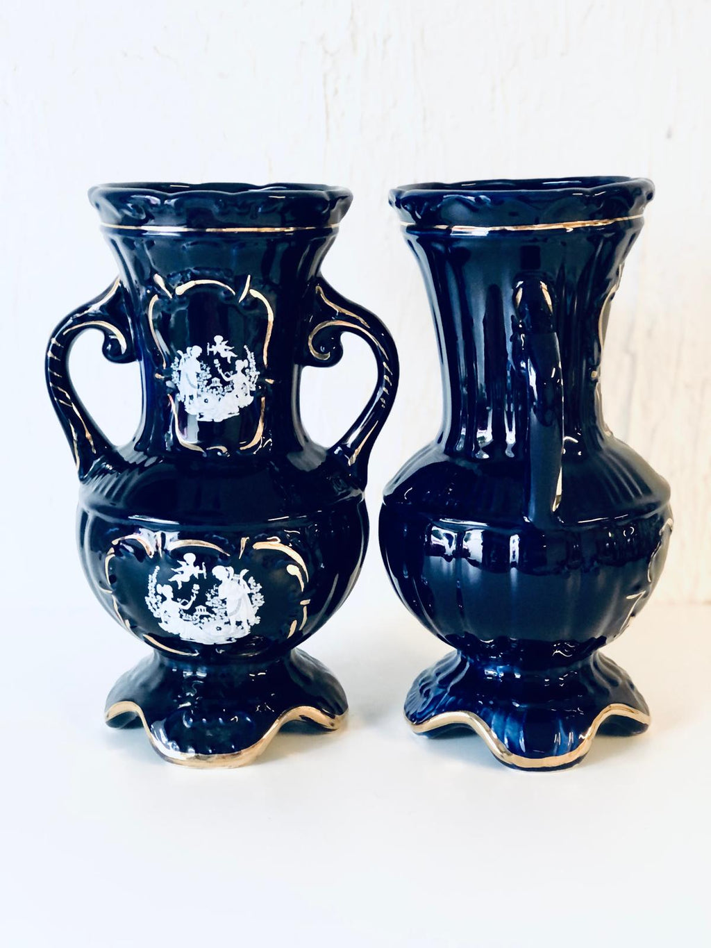 VASE ANCIEN PORCELAINE bleu Colbat Doré Estampillé V