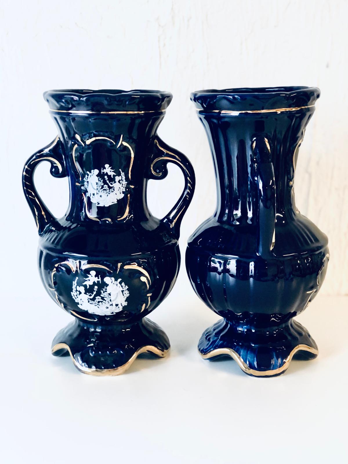 VASE ANCIEN PORCELAINE bleu Colbat Doré Estampillé V