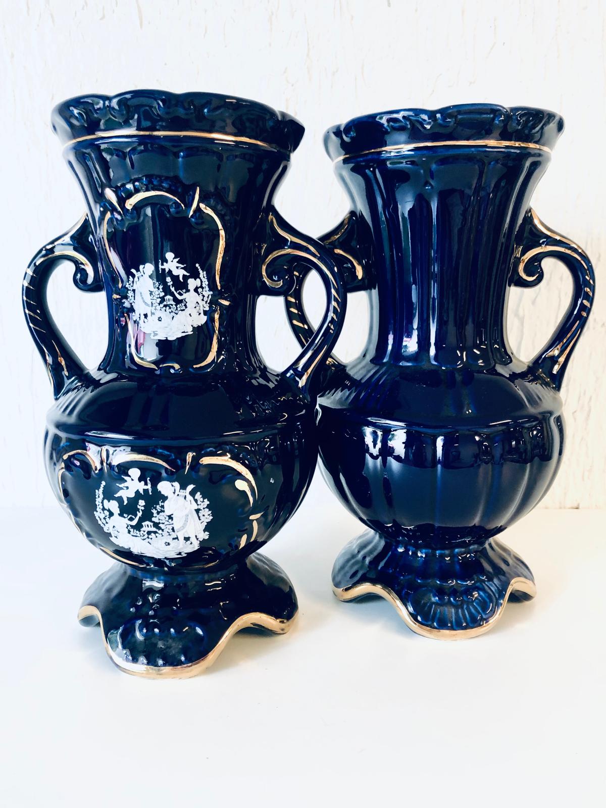 VASE ANCIEN PORCELAINE bleu Colbat Doré Estampillé V