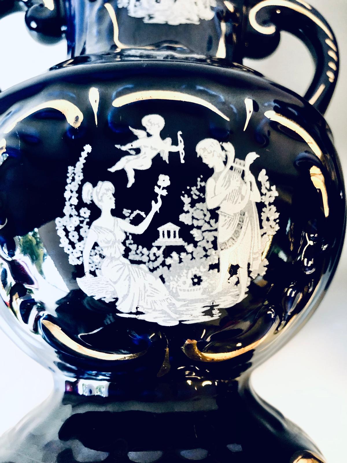 VASE ANCIEN PORCELAINE bleu Colbat Doré Estampillé V